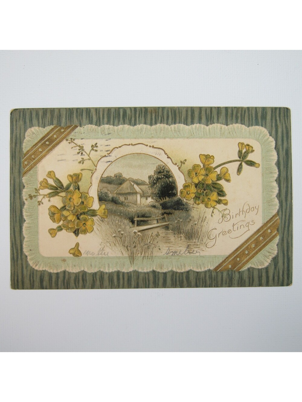 Postcard Birthday Greeting Antique 1910 Village House Stream Gold Green Flowers